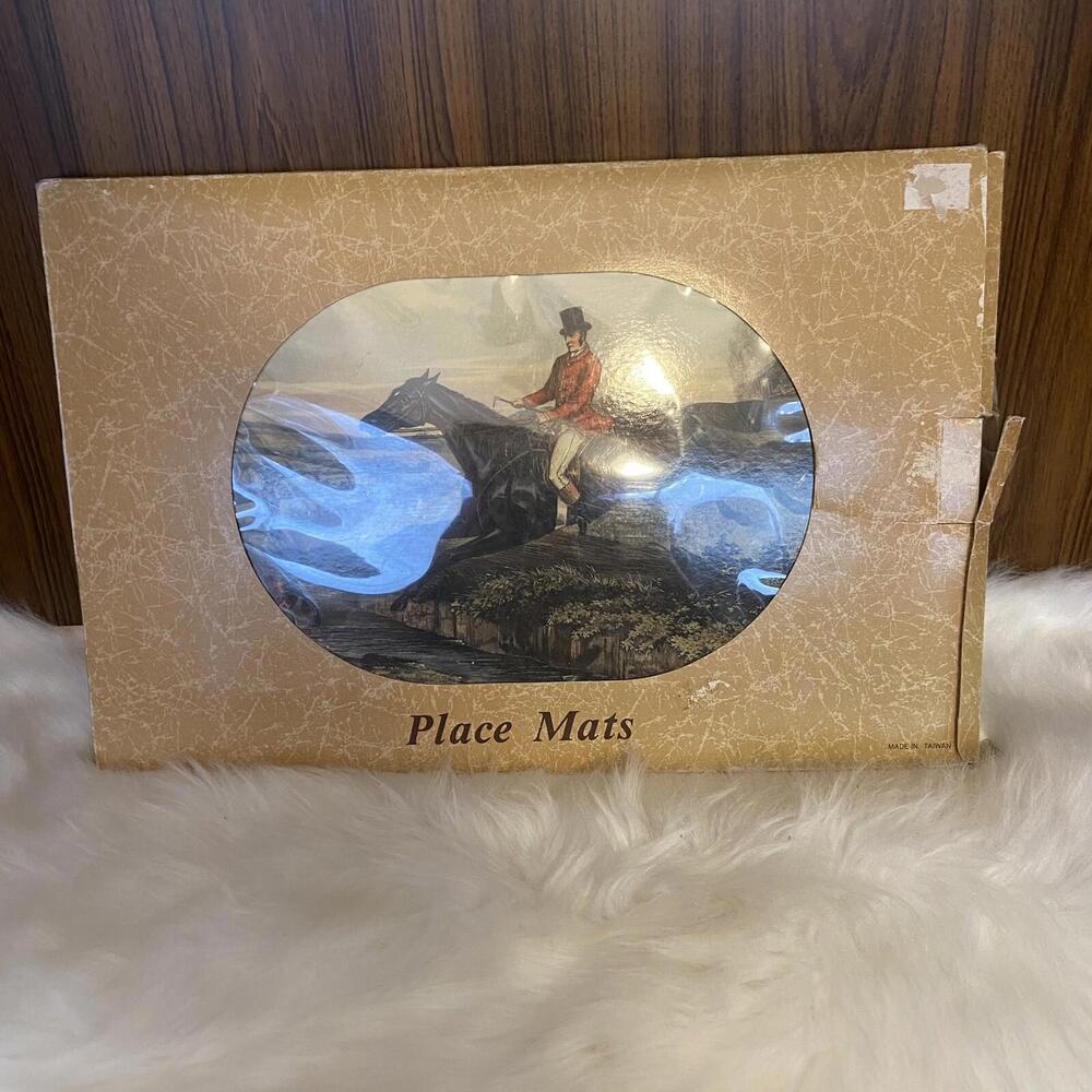 EUC Vtg Equestrian Placemats Cork Backing Horse Riding Jockey Set of 4